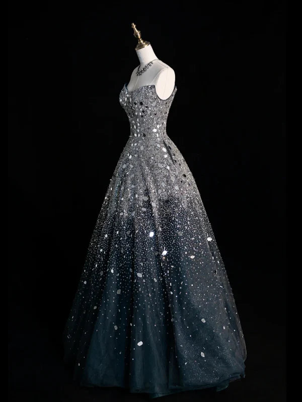 Schwarz-Silber, wunderschön, funkelnd, elegant, lang, Pailletten, Tüll, bodenlang, Ballkleid, Abendkleid, gh4378