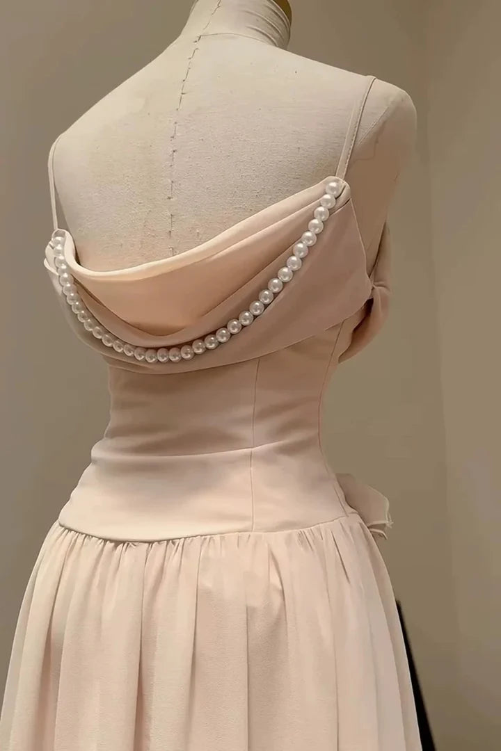 Pink Elegant Ruffle Spaghetti Strap Pearl Beading A-Line Sleeveless Long Chiffon Evening Gown Ball Gown Bridesmaid Dresses gh4194