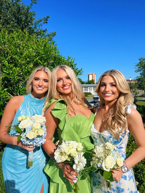 Blue elegant A-line layered chiffon floral backless long ball gown evening dress prom dress Graduation Dress gh2798