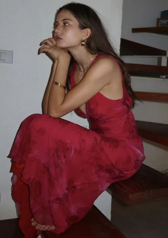 Rosa Mode Elegant Charming V-Ausschnitt Blumendruck Lange Satin Ballkleid Abendkleid Urlaub Party Kleid gh3485