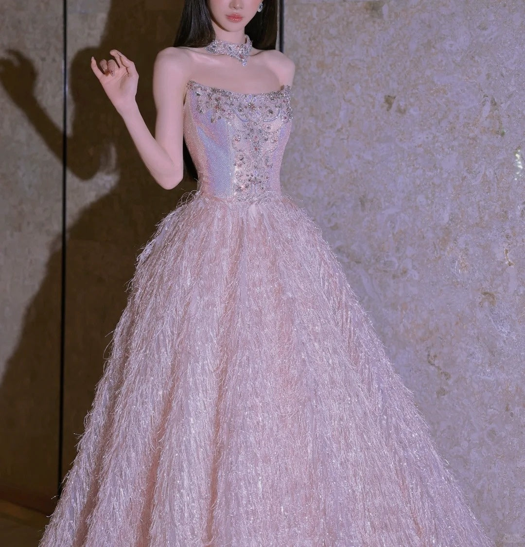 Girlhomeshops-Pink Fashion Beaded Elegant Long Tulle Ball Gown Evening Dress gh5074