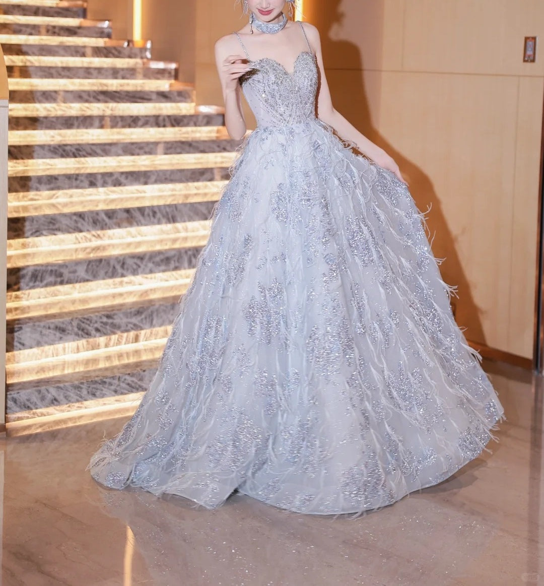 Girlhomeshops - Robe de soirée longue en tulle bleu à perles, élégante et tendance, gh5075