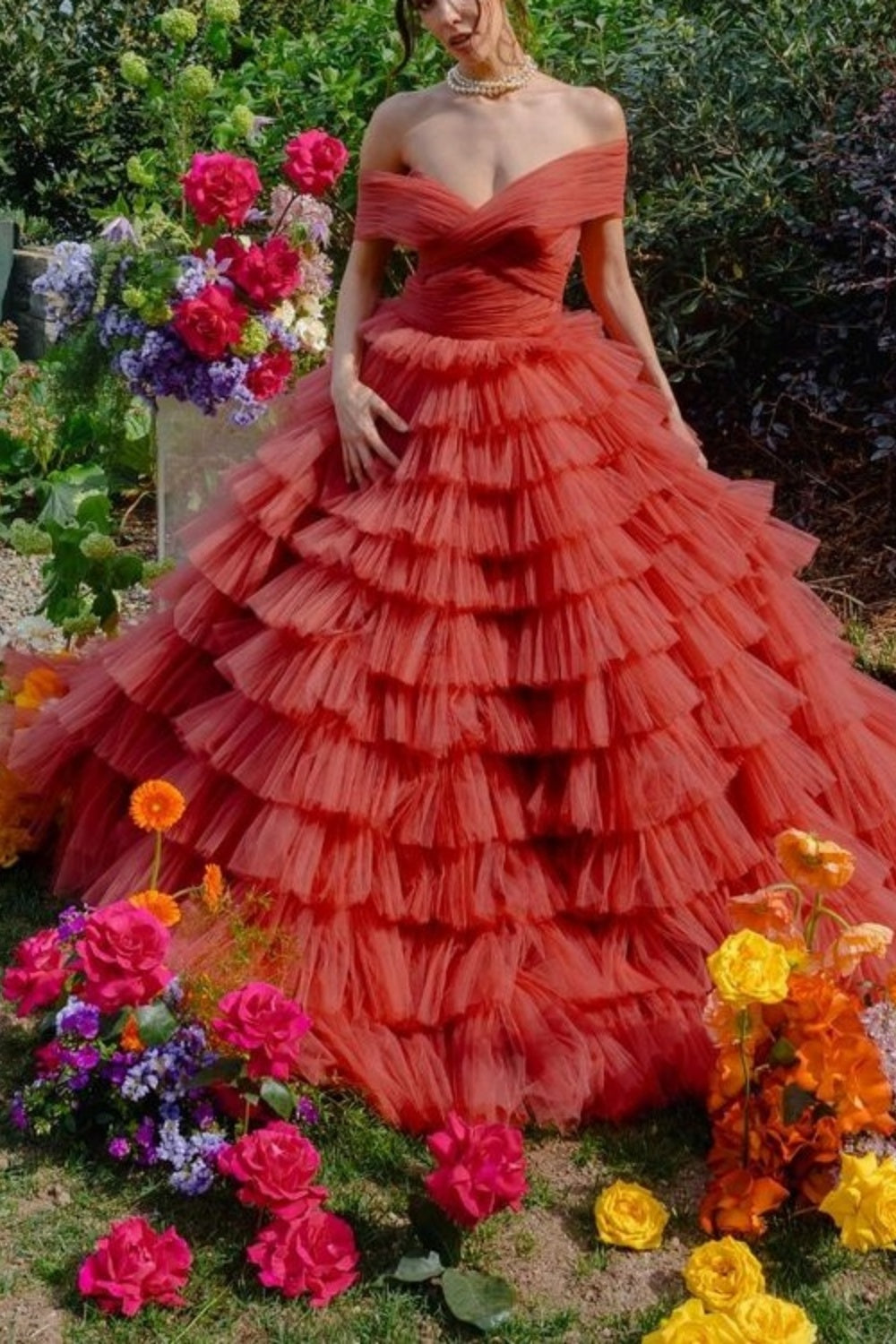 girlhomeshops- Orange-red solid color layered long dress with tulle gh6199