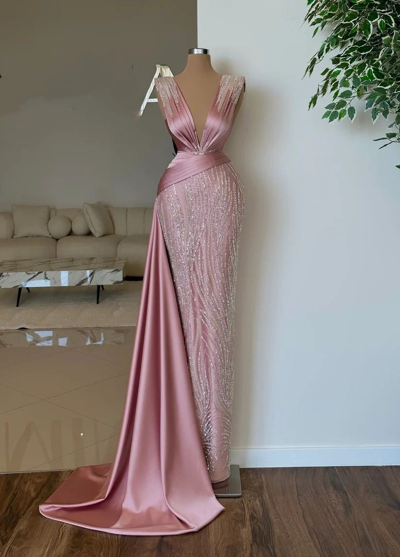 Girlhomeshops-Pink luxurious gorgeous beaded long satin prom dress evening dress gh5018