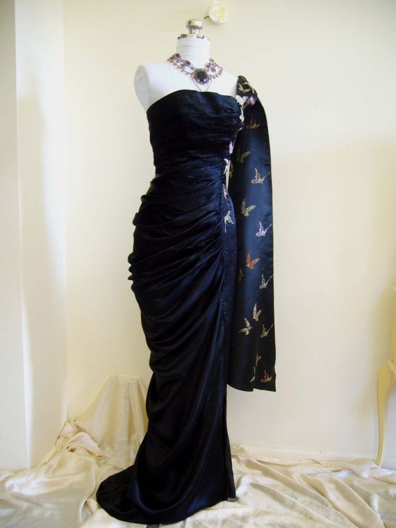 Girlhomeshops-Navy Blue Butterfly Long Satin Fashion One Shoulder Floor Length Prom Dress Evening Dress Graduation Dress gh5197