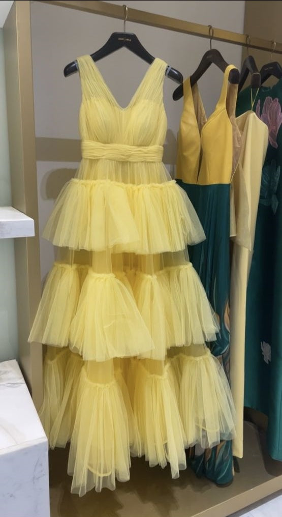 girlhomeshops- Yellow layered ruffled tulle long dress gh6202