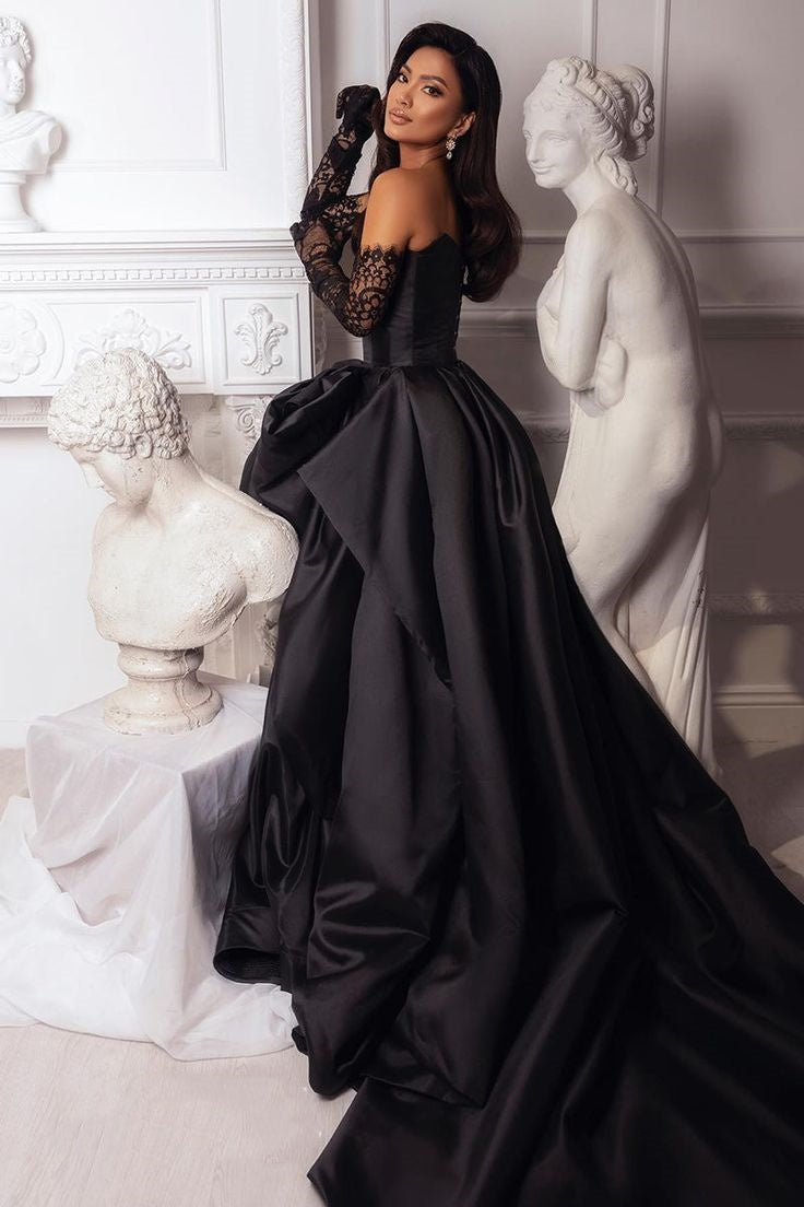Schwarzes, sexy Taft-Schlitz-Abendkleid mit langem, elegantem Ballkleid gh727