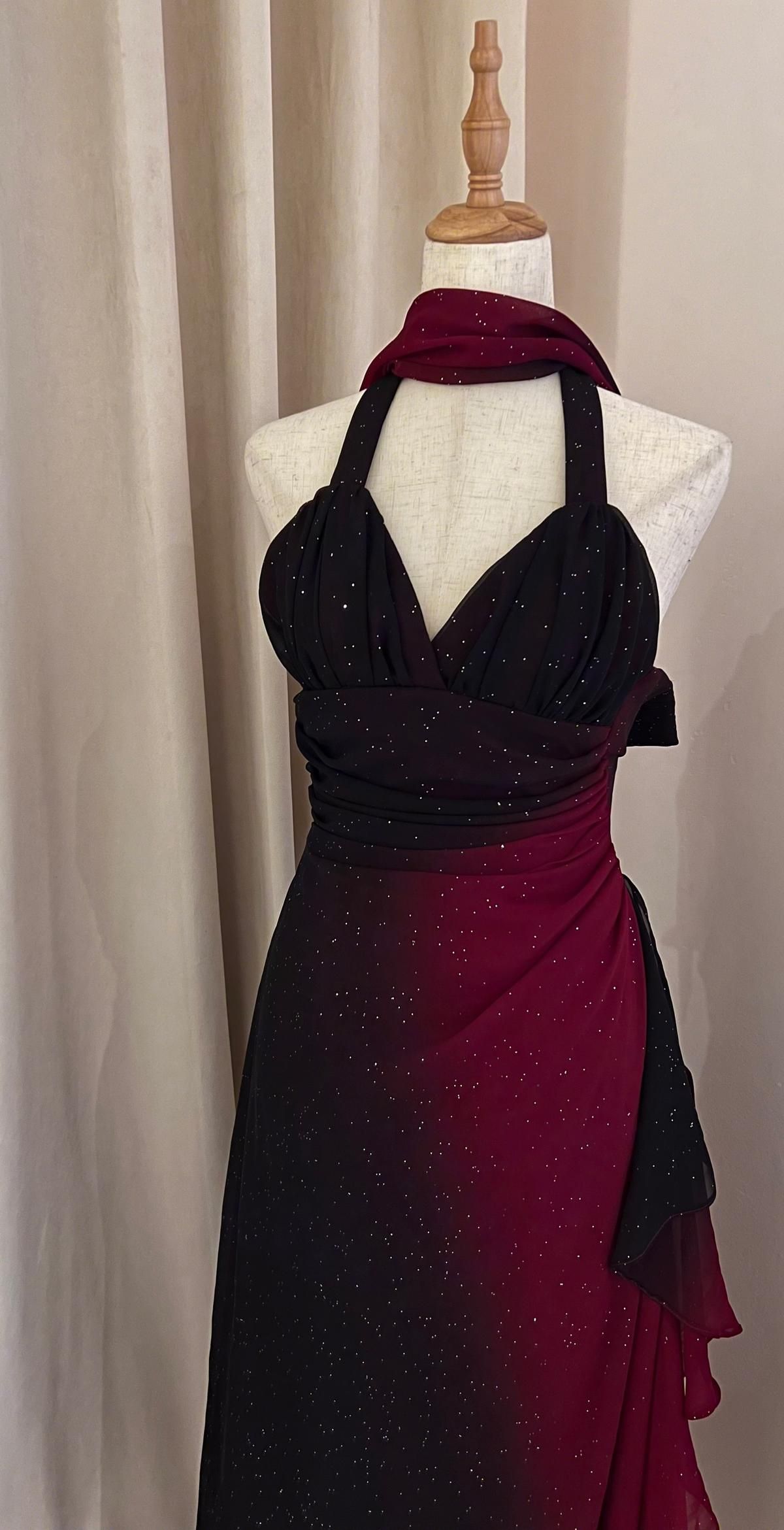 Robe de soirée longue en mousseline de soie brillante, dégradé de couleurs noir et rouge, gh4881