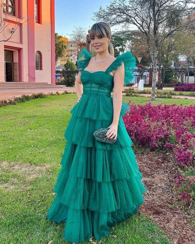 Hunter Green/Emerald Green A-Line Strap Tulle Tiered Long Prom Dress Party Dress gh2771