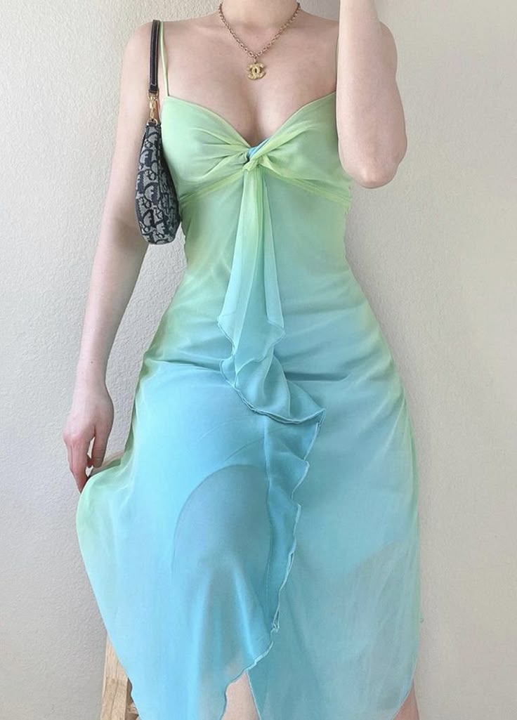 Blue Green Fashion Gradient Spaghetti Strap Short Midi Chiffon Ball Gown Evening Dress Birthday Holiday Party Dress Prom Dress Homecoming Dress gh3779