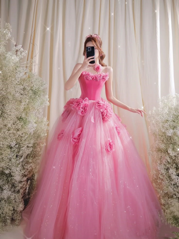 Rosa Blumen Langes Samt Tüll Quinceanera Kleid Ballkleid Abendkleid gh4885