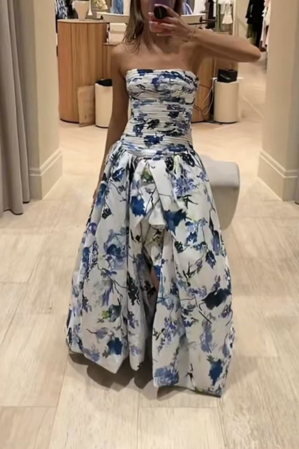 girlhomeshops-Blau und weiß floral lange Satin Chiffon Ballkleid Abschlusskleid gh5927