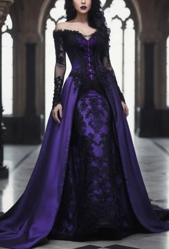 girlhomeshops-Purple and black lace long satin ball gown gh6185