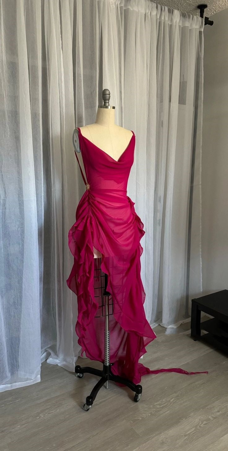 Pink fashion V-neck long chiffon ruffled ball gown, evening dress, party dress gh3500