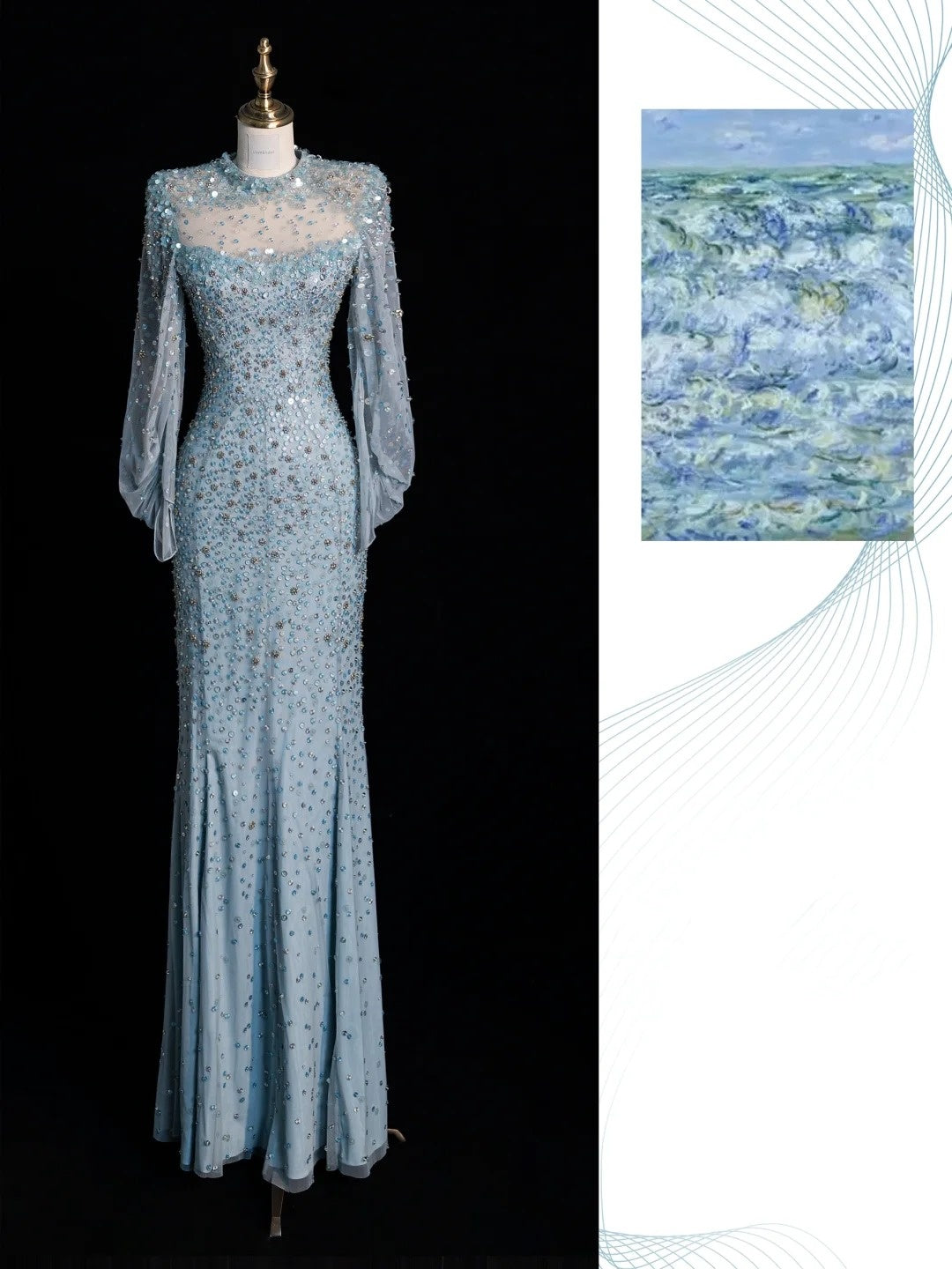 Light Blue Impressionist Wave Beaded High Neck Mermaid Evening Gown gh6748