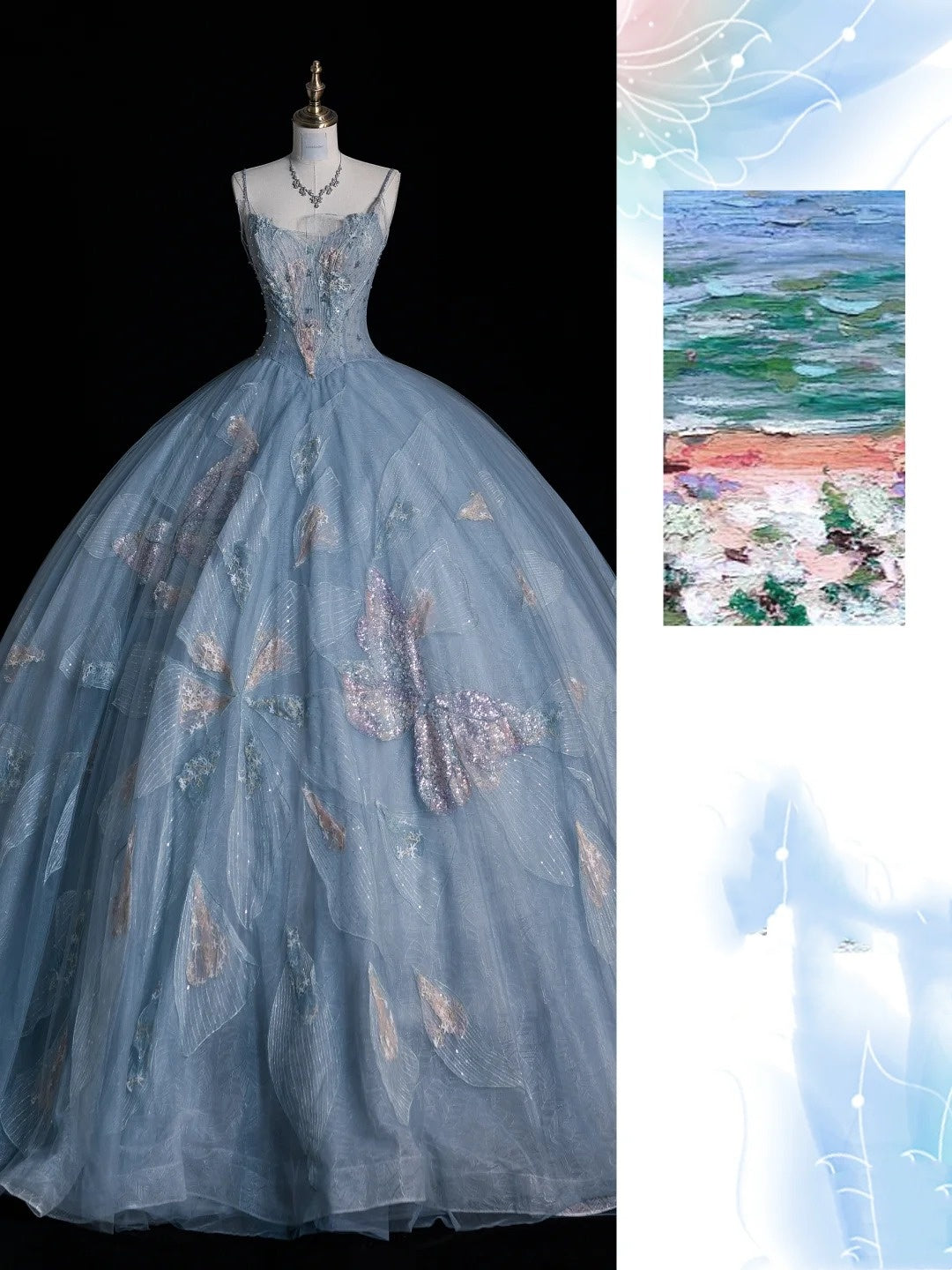 Light Blue Impressionist Wave Spaghetti Strap Ball Gown Evening Dress gh6751