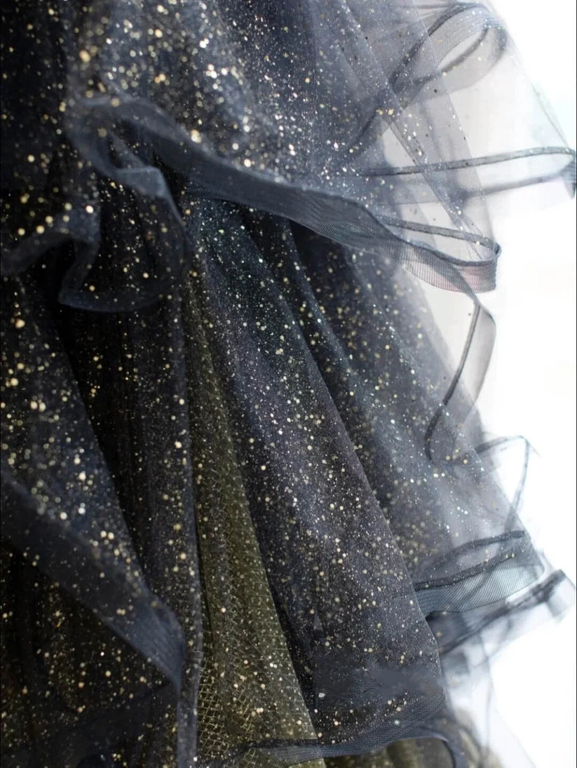 Black gold shiny elegant long tulle ball gown evening gown graduation dress beauty pageant dress gh2609