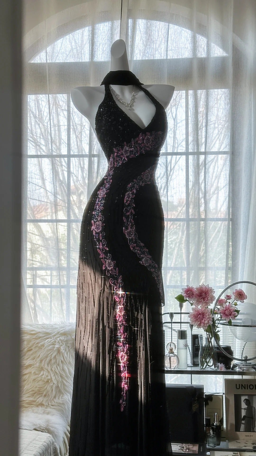 Black Shiny Vintage Elegant Romantic Delicate Pink Floral Beading Long Chiffon Homecoming Ball Gown Evening Dress Birthday/Wedding Guest/Holiday Party Dress Prom Dress gh4025