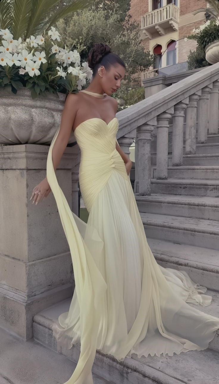 girlhomeshops-(Includes Scarf)Yellow Elegant Wedding Guest Dress gh6326