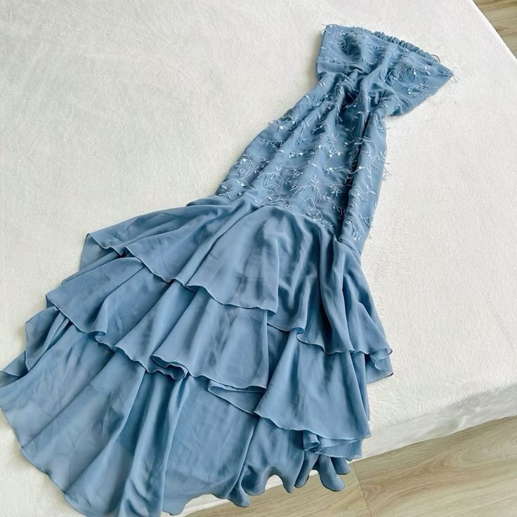 Blaues Chiffon-Kleid mit Rüschen und Blumenmuster, lang, für den Heimkehr, Partykleid, gh4864