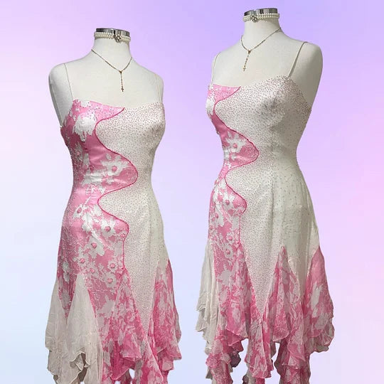 Robe de soirée élégante en mousseline de soie, longue, à volants, avec perles, motif floral, rose et blanc, gh3718