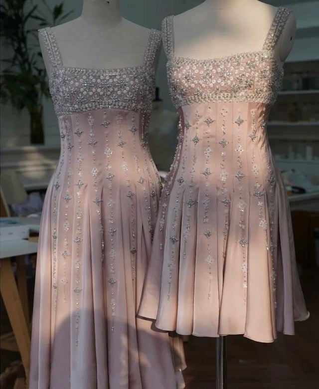 Girlhomeshops - Rosa, wunderschönes, exquisites, kurzes Satin-Heimkehrkleid mit Perlen, Geburtstagskleid gh5306