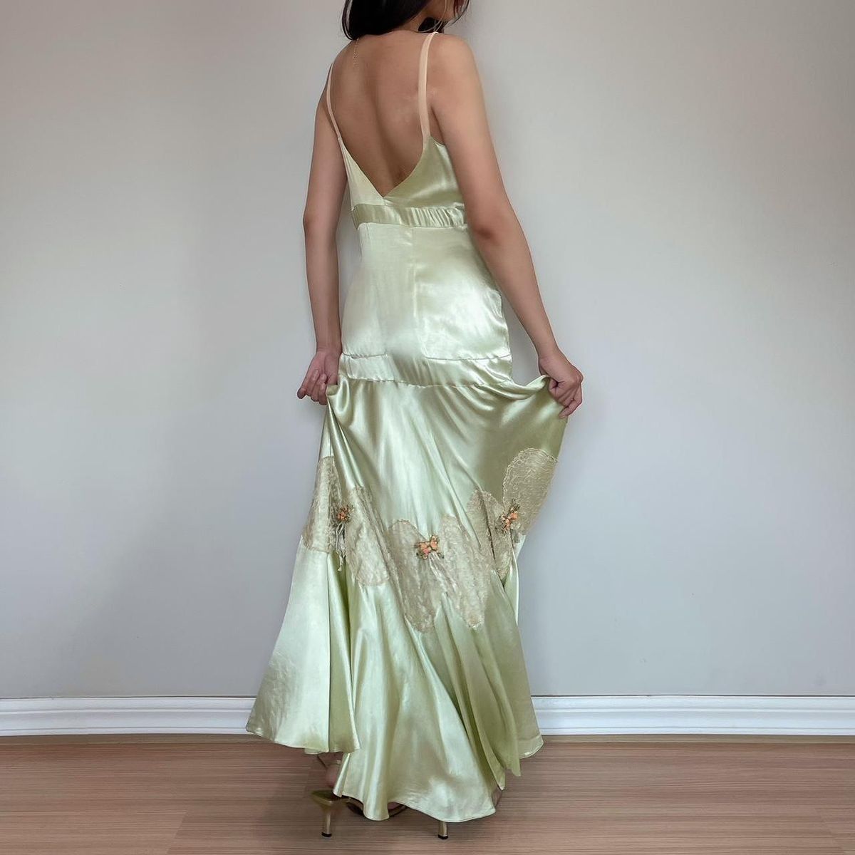 Girlhomeshops-Light green vintage French elegant satin long Prom dress evening dress party dress wedding guest dress gh5158