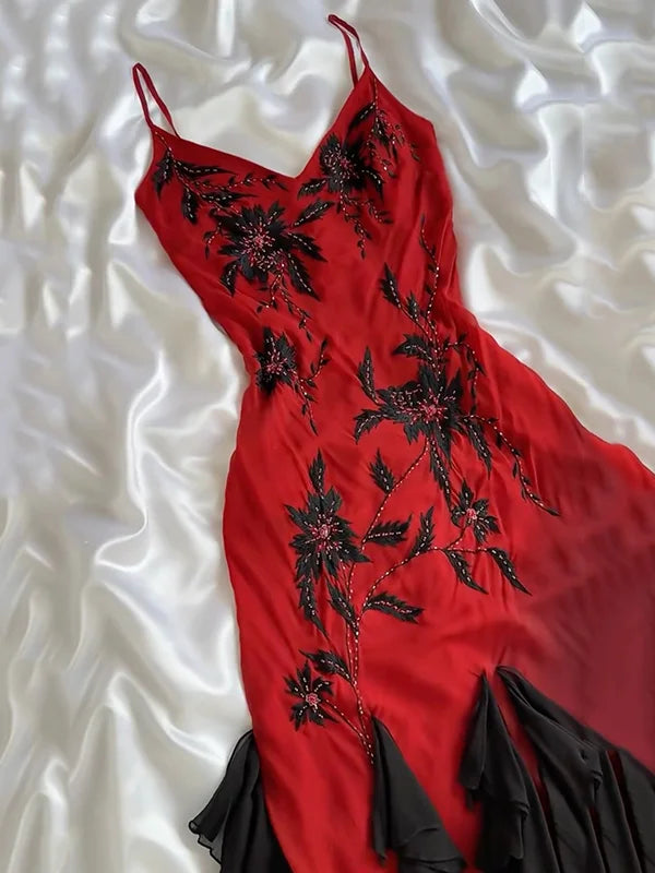 girlhomeshops-Fairy-Tale Dress, Red Ruffled Black Long Chiffon Dress With Delicate Floral Beading. gh6109