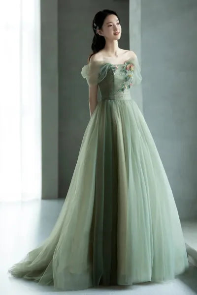 Green beautiful charming floral applique tulle long formal prom dress, evening dress, party dress gh2530