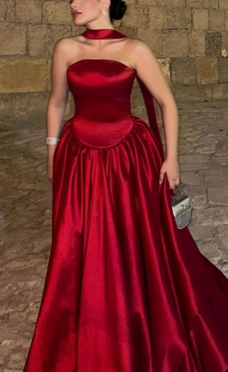 Halter Neck Burgundy Satin Ball Gown | Luxury Elegant Waist-Tied Train Maxi Dress for Gala Ball gh6474
