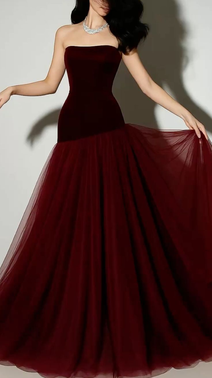 Sleeveless Burgundy Velvet & Tulle Mermaid Gown | Luxury Elegant Paneled Train Maxi Dress for Gala Ball gh6472