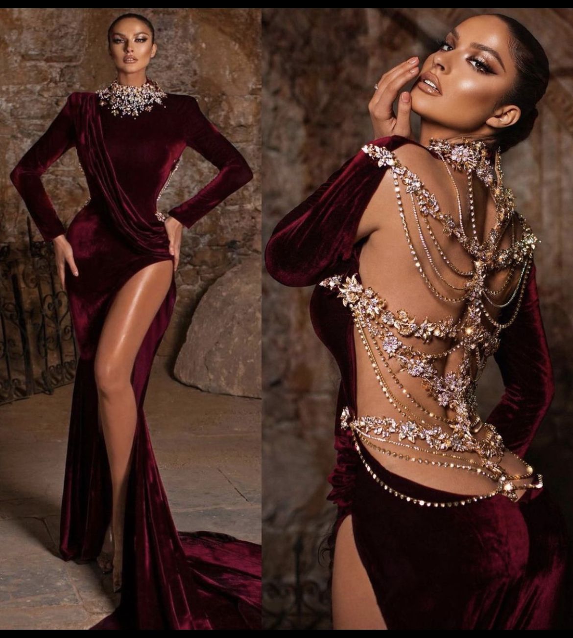 Girlhomeshops - Burgunderrotes, wunderschönes, exquisites, sexy, langes Ballkleid aus Samt mit Perlen, gh5432