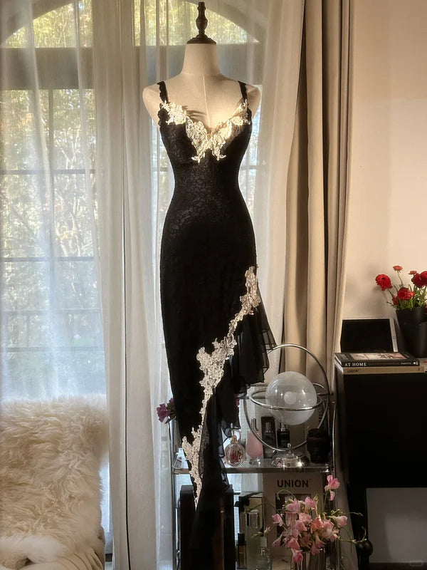 Black retro sexy spaghetti straps exquisite lace long bodycon slim fit elegant evening dress party dress gh3618