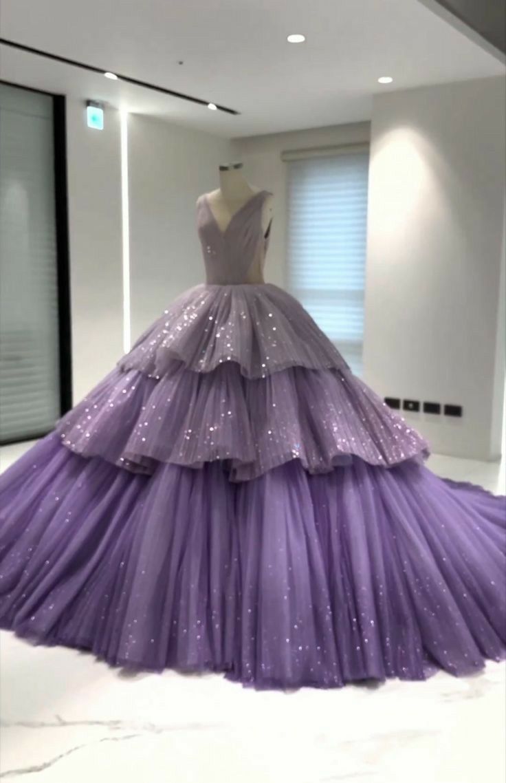 Purple Gorgeous Shiny Elegant A-line Long Tiered Ruffled Tulle Ball Gown Formal Dress Evening Dress Celebrity Dress gh3145