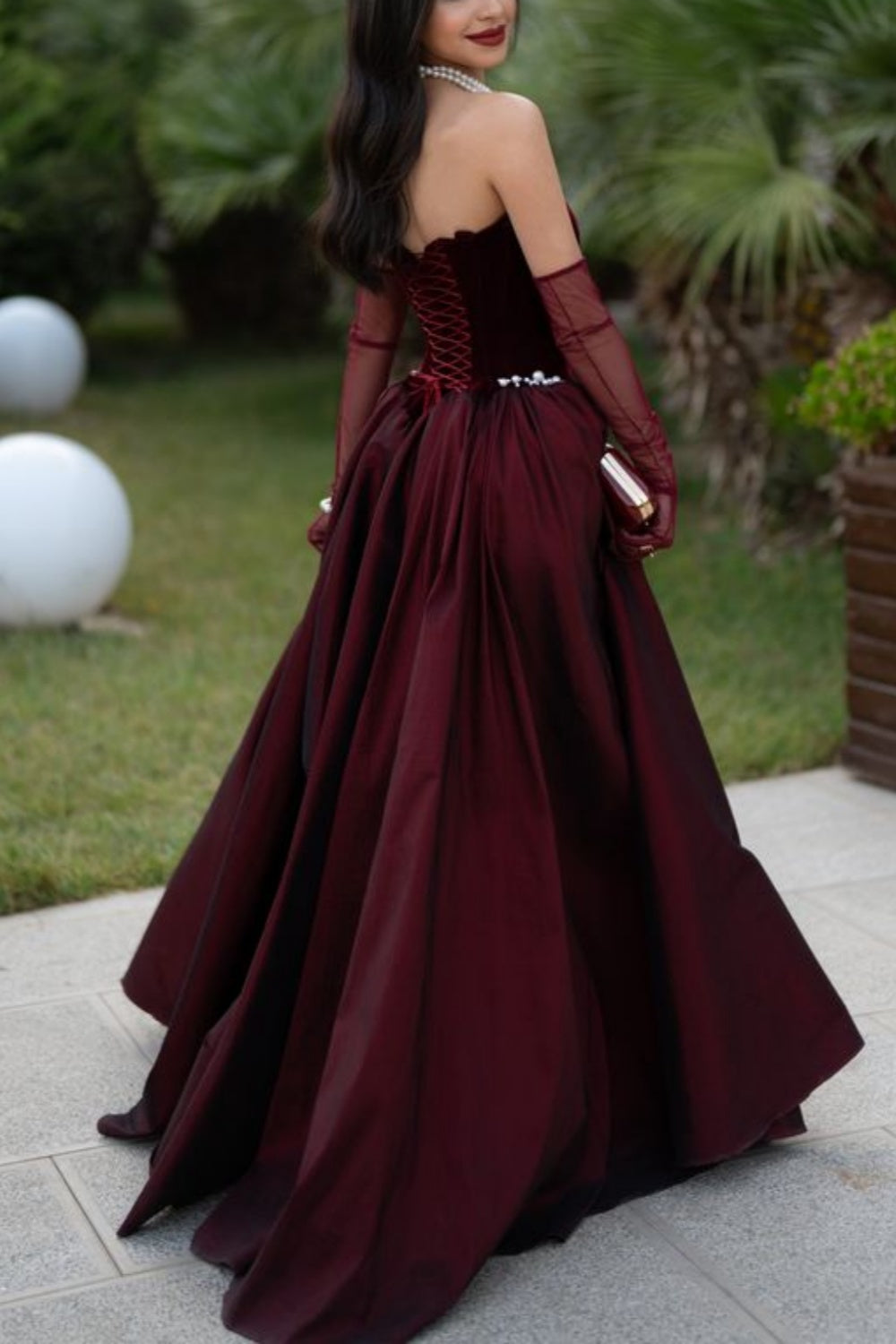 girlhomeshops- Burgundy velvet satin vintage elegant long gown gh6196