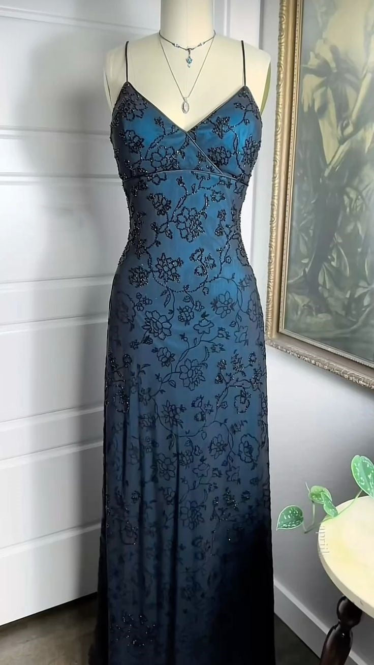 Indigo Blue Shiny Elegant Exquisite Beaded Appliques Long Tulle Sequin prom dress Evening Gown Party Dress gh3410