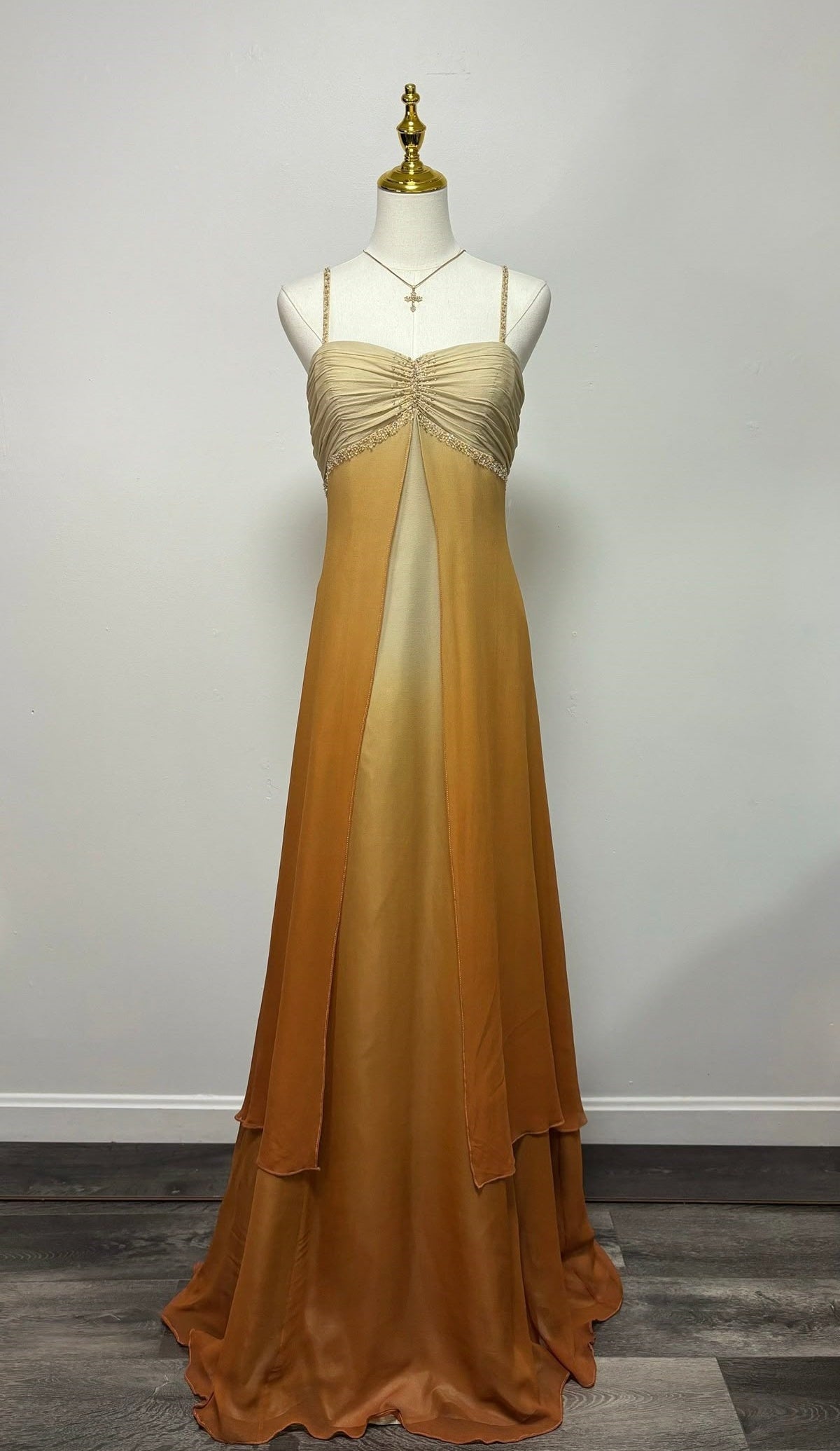 girlhomeshops-Vintage Brown-Gold Gradient Spaghetti Strap Rhinestone-Embellished Tiered Long Evening Gown gh6022