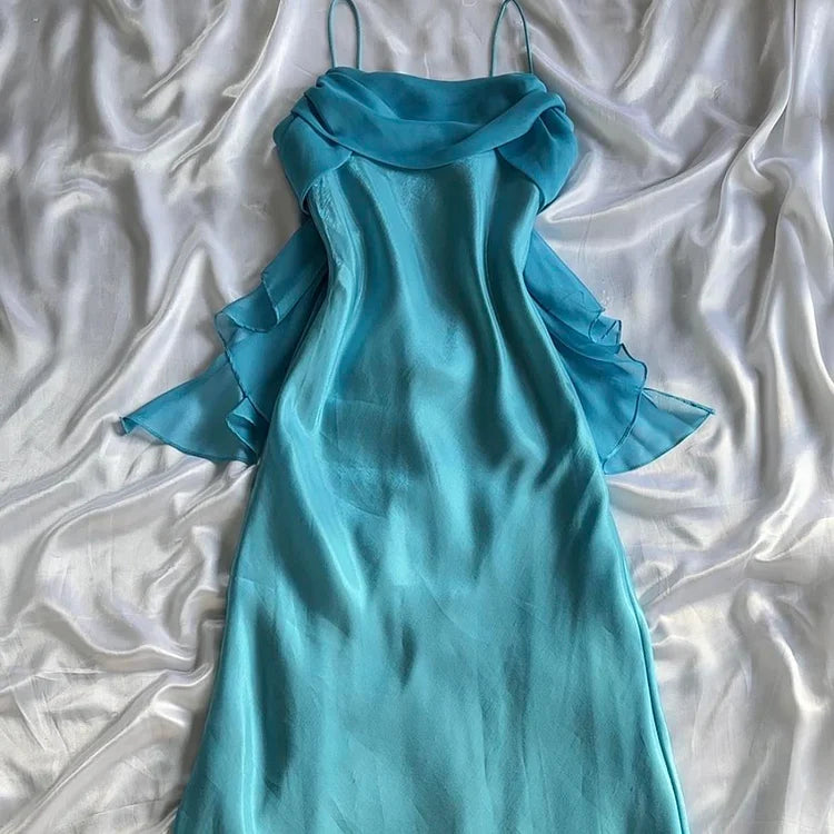 Blue fashion elegant spaghetti straps long chiffon elegant ball gown evening dress party dress gh3491