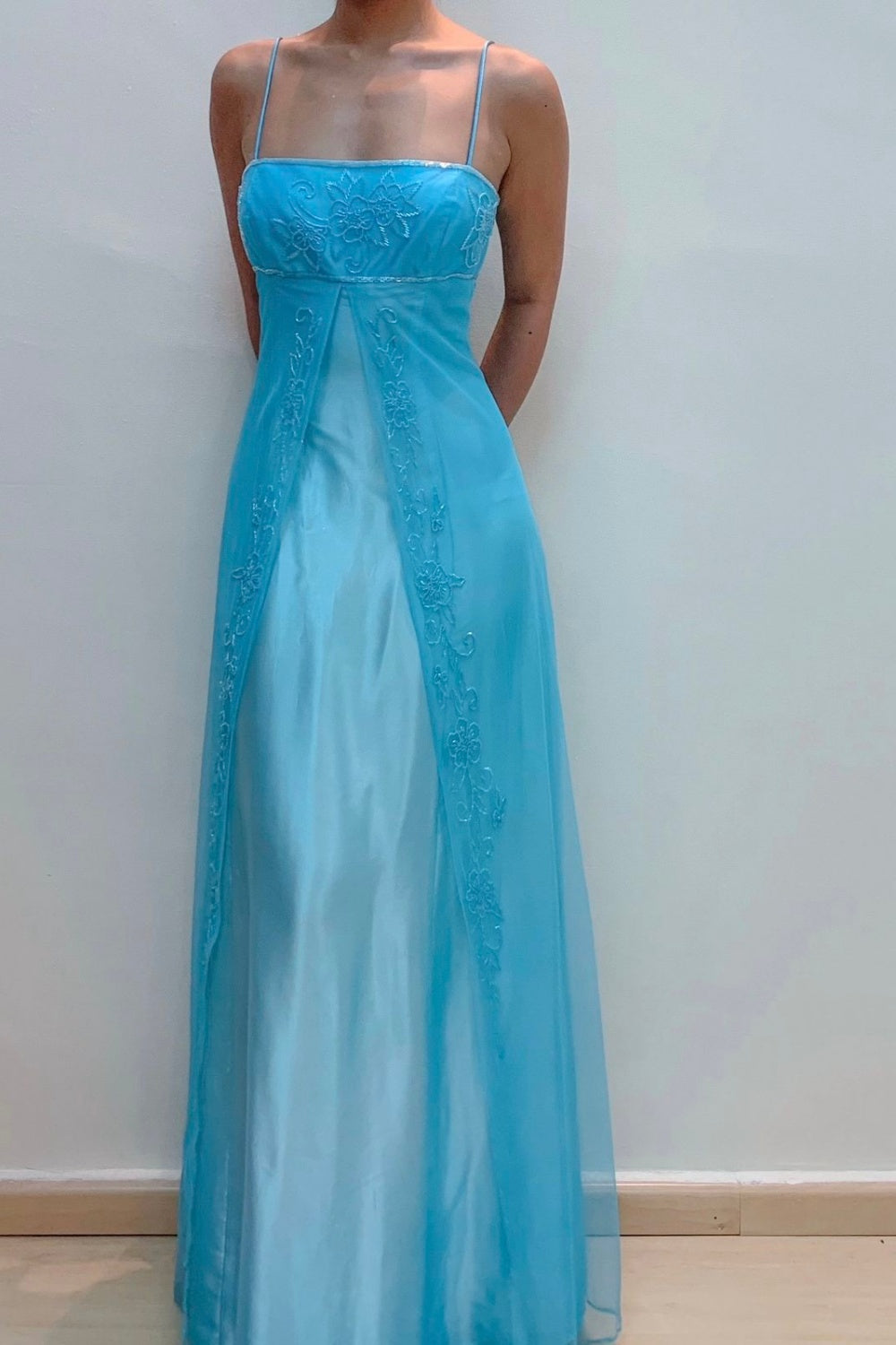girlhomeshops-Vintage Ice Blue Spaghetti Strap Lace-Embroidered Long Evening Gown gh6023