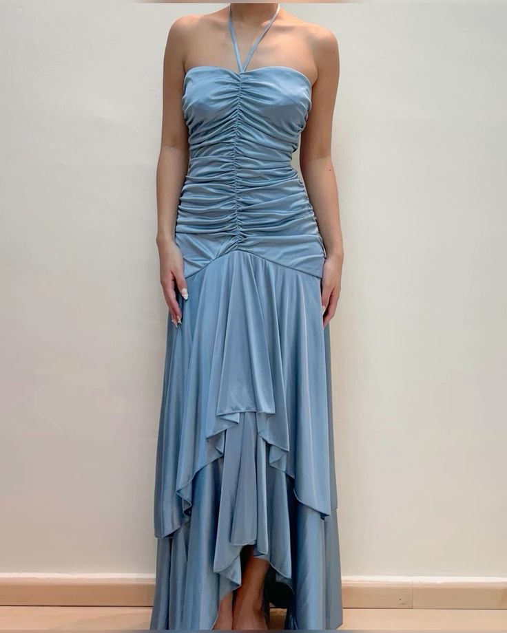 Girlhomeshops-Light Blue Satin Elegant Strapless Long Ruffled Ball Gown Evening Dress Party Dress gh5201