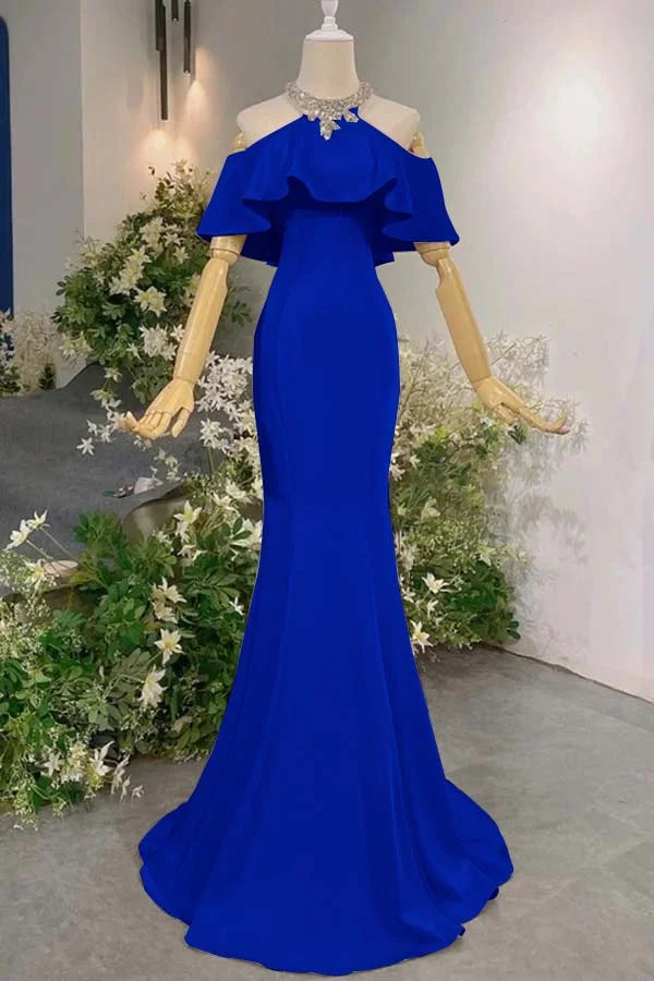 Robe sirène rose satinée à épaules dénudées et dos nu | Robe longue de gala élégante et luxueuse avec traîne à volants gh6482