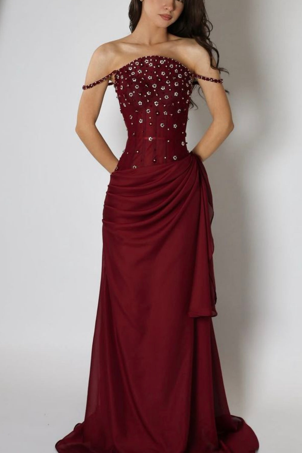 girlhomeshops-Burgundy Satin Long Dress With Delicate Beading gh6250