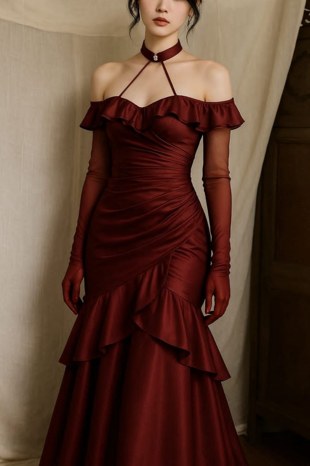 girlhomeshops-Burgunderrotes, gerüschtes, langes Satin-Ballkleid im Meerjungfrauenstil, enges Kleid gh5762