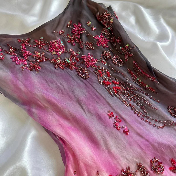 Pink Gradient Gorgeous Lightweight Exquisite Beaded Spaghetti Strap Long Chiffon Ball Gown Evening Gown Party Dress gh3339