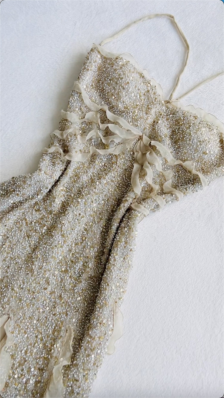 Robe de soirée luxueuse, blanche ivoire, brillante, magnifique, mode exquise, perles, longue, longueur cheville, paillettes, mousseline de soie, à volants, robe de bal, robe de soirée, robe de bal gh3776