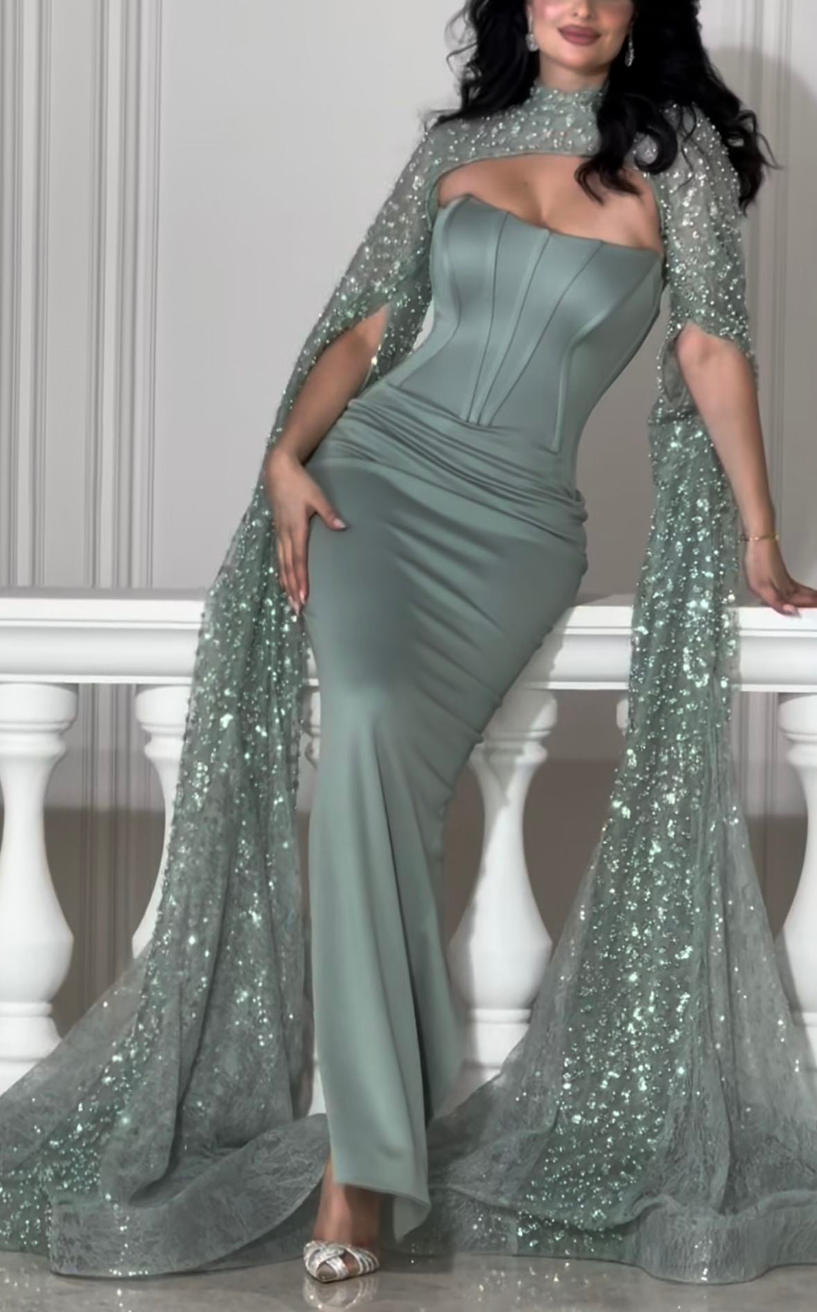 girlhomeshops-Green shimmering satin long dress gh6256