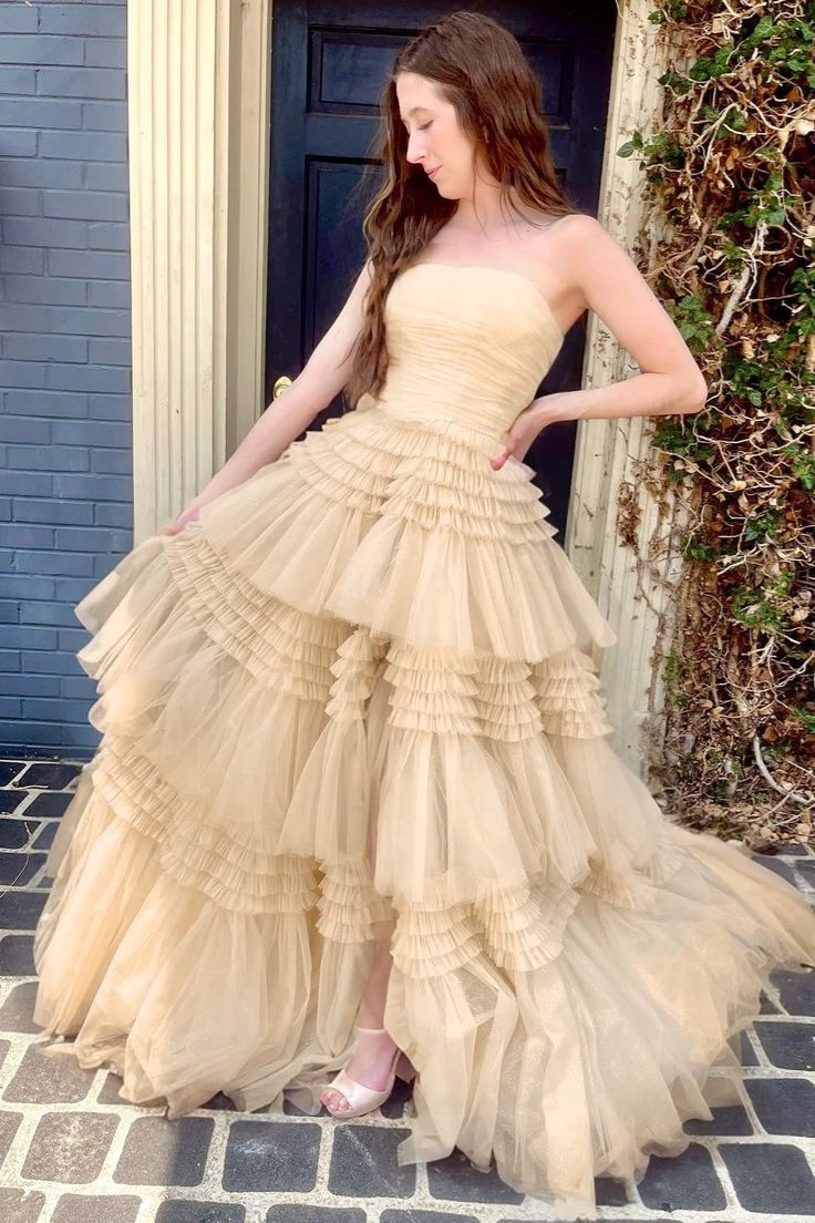 A-Line Strapless Tulle Long Prom Dress with Tiered Ruffles gh2676