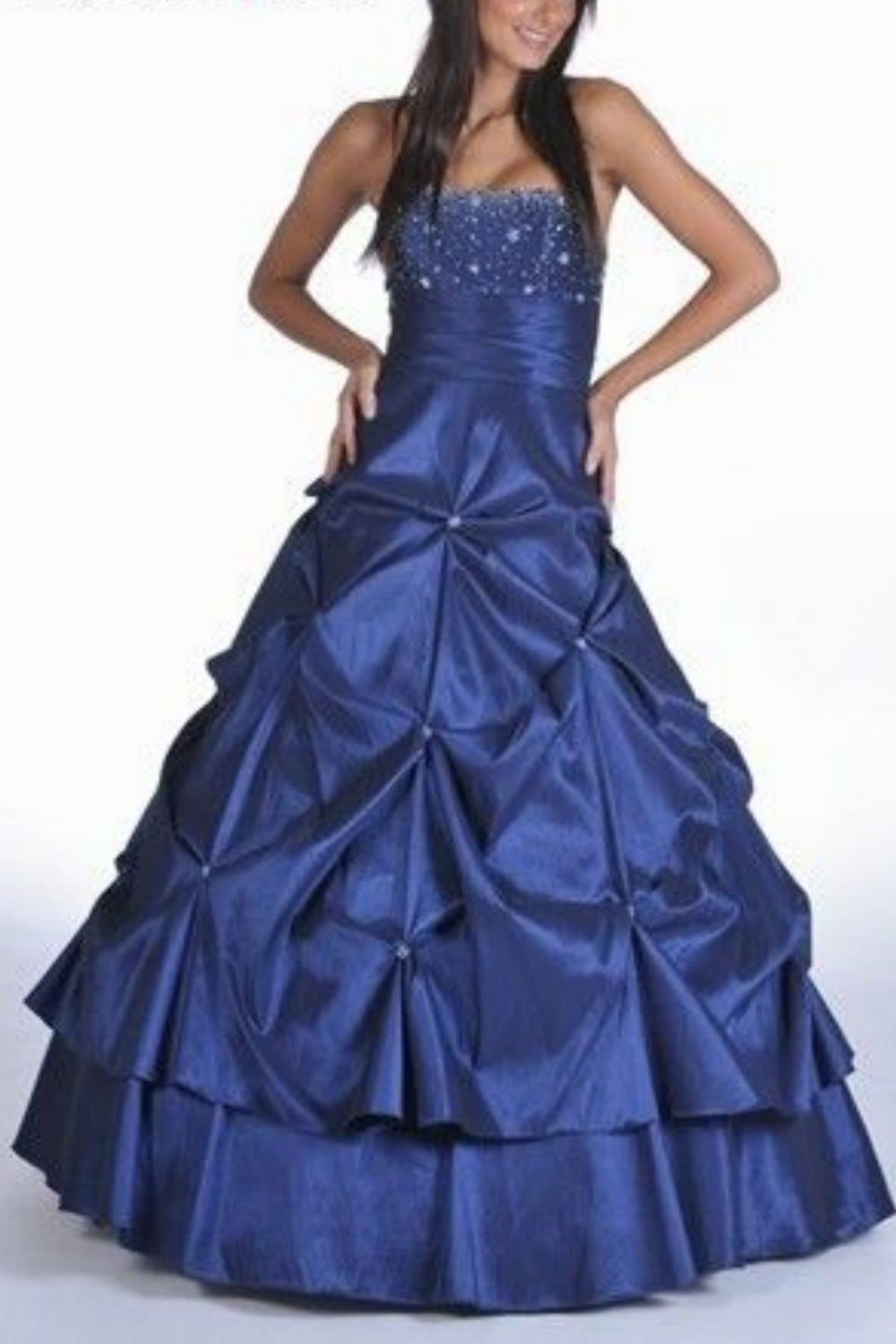 girlhomeshops - Elegantes, marineblaues, trägerloses Ballkleid mit perlenbesetztem Oberteil und gerüschter Verzierung gh5814