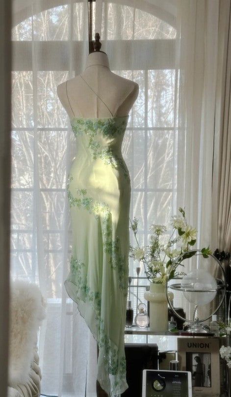 Light green fashion one shoulder elegant exquisite floral beading long bodycon chiffon ball gown evening dress party dress prom dress gh3626