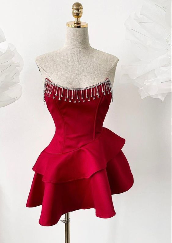 ✨Girlhomeshops🔥Red/Black Beaded Ruffle Short Satin Homecoming Dress PromDress Party Dress gh4983